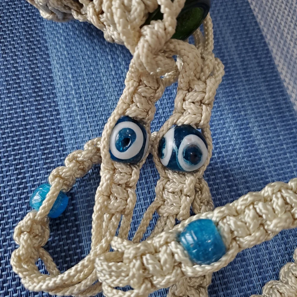 Vintage Bohemian Portugal Brown Glass Hanging Planter Decor Evil Eye Glass Beads